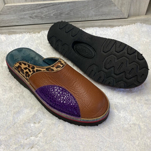 SoleTech Mules Clogs Women's Purple Brown Animal Leather Wearable Art Handmade 7 - Picture 2 of 8